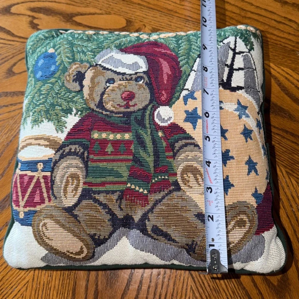 Vintage Christmas Teddy Bear Tapestry Throw Pillow 11x11 Holiday Decor